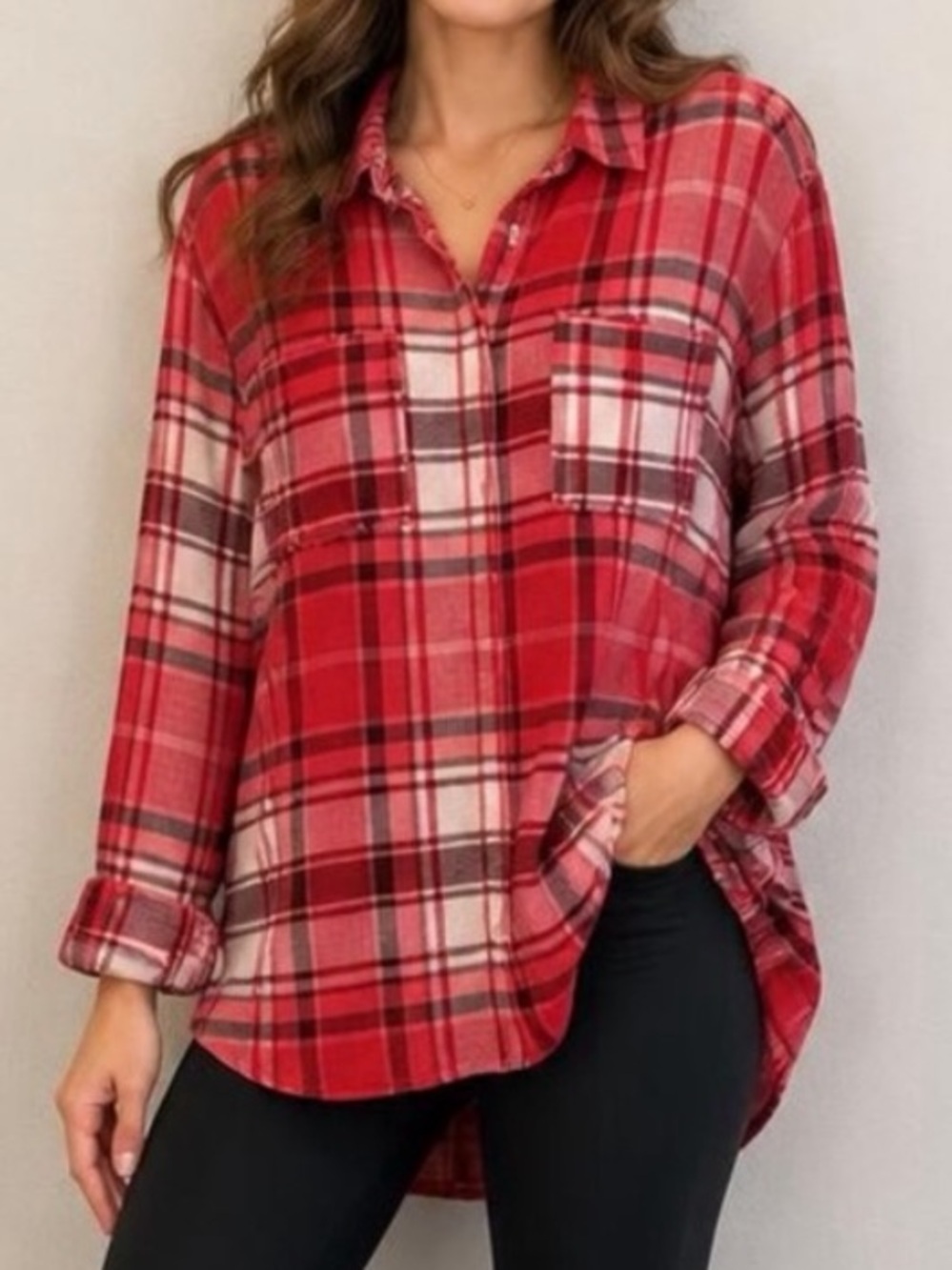 Pilcro Anthropologie Red Plaid Button-Down Shirt Oversized Sz M soft